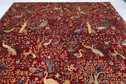 10x14 ft Birds Animal Red Area Rug Afghan Hand Knotted Wool Rug Dining Room Rug - Picture 4 of 11