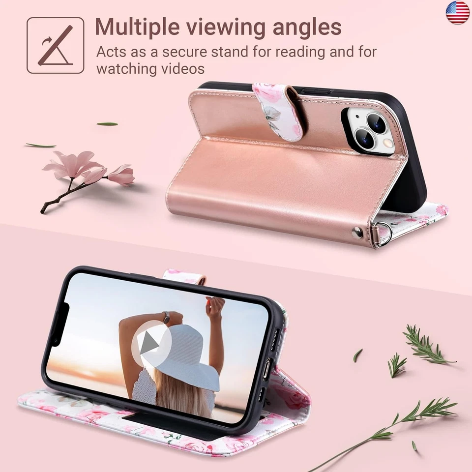 Funda Cartera ULAK Compatible con iPhone 14 para Mujer, Cuero PU Floral Abatible Foto 3 de 4