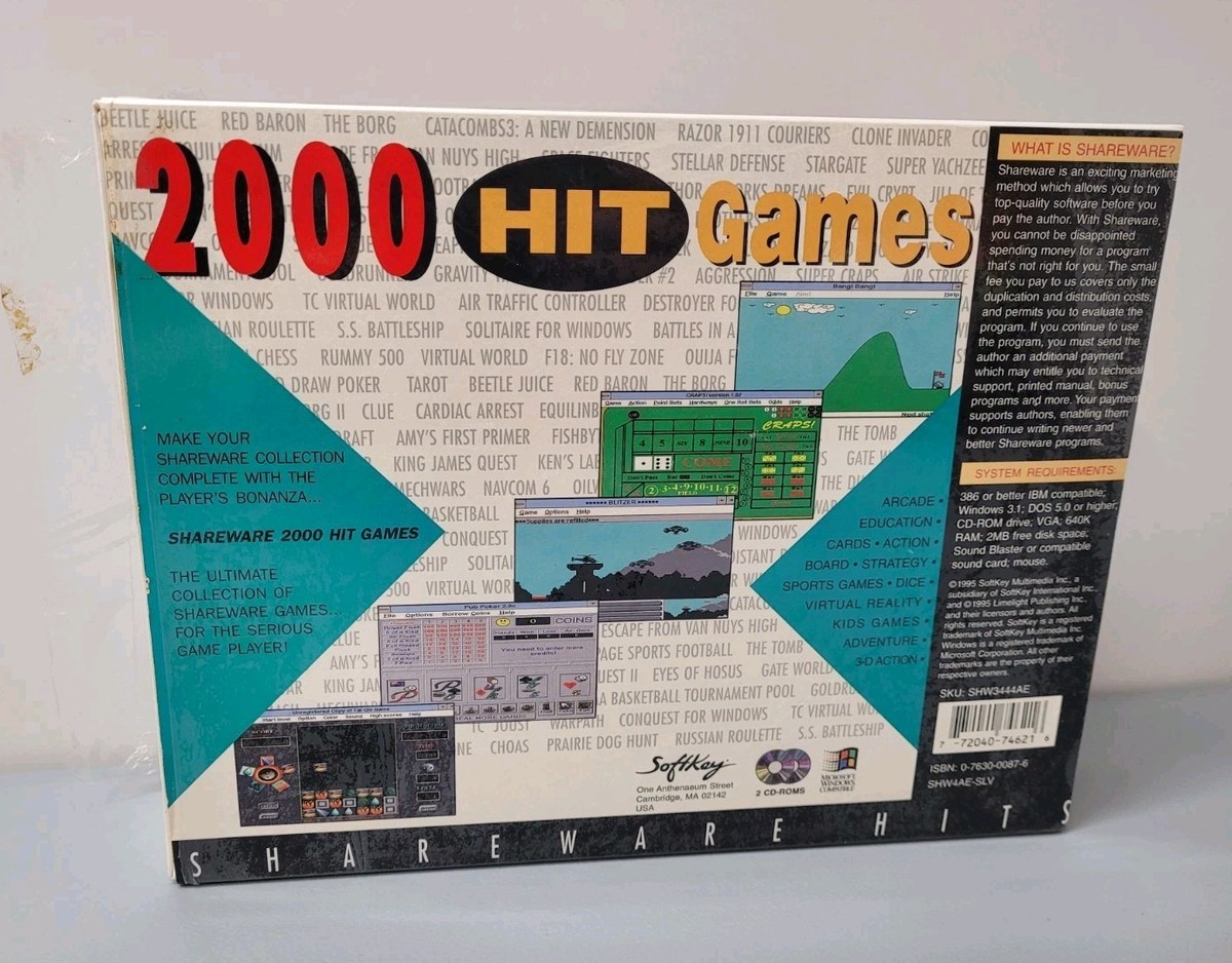Vintage 1995 SoftKey Shareware 2000 HIT Games PC CD-ROM Big Box NM