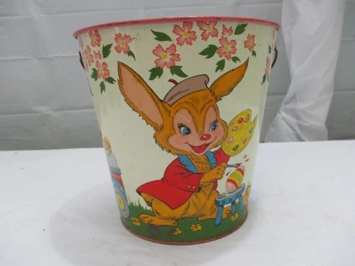 Vintage Easter Bunny /Rabbit and Duck Ohio Art Tin Litho Sand Pail  Bucket