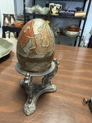 Godinger Decorative Egg on Ornate Metal Stand Vintage Look Display Egg Box