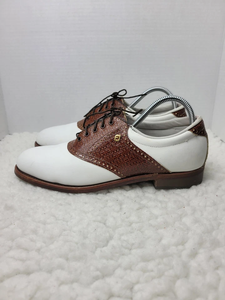 Винтажные классические мужские золотистые туфли Footjoy 80-х размер 10 белая коричневая экзотическая кожа - Изображение 3 из 4
