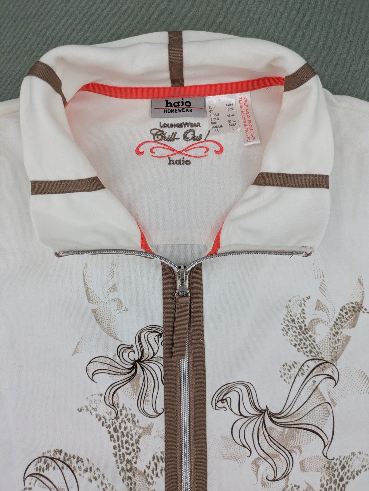 Haio Damen Sweatjacke Freizeitjacke Gr 44 46 Weiß Braun Blumenmuster Full Zip image 5