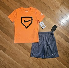 NEW Nike Little Boy Dri-fit Baseball Theme Tee Short Set, Orange sz 7
