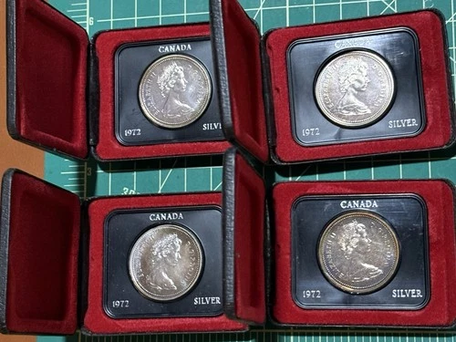 Lot 4 1972 Canada Silver Dollar Coins +Original Boxes ~1.5 oz ASW Voyageur Canoe