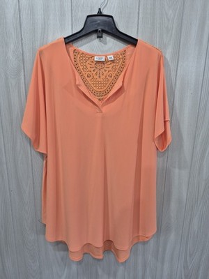 Women's Bright Orange Crochet Back Cozy Stretchy Top Plus Size 22/24W Cato