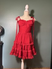 Cider Red Satin Mini Fit & Flare Dress Sweetheart Strappy Ruffle, M