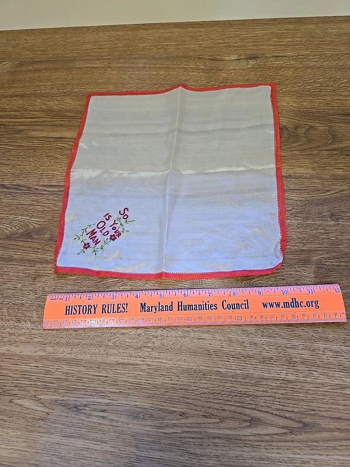 Vintage Silk Hankie SO IS YOUR OLD MAN Red & Green On White - Image 3 of 4