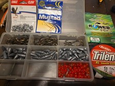 Tackle Box Containing Various Sizes Hooks & Weights & 2 Partial Rolls Of Line