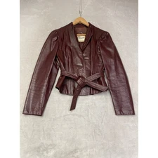 Bermans Leather Jacket Burgundy Belted Puffed Shoulders Women Size Small