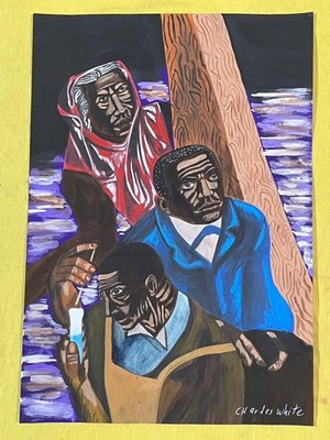 CHARLES WHITE drawing and painting on old paper signed stamped vintage