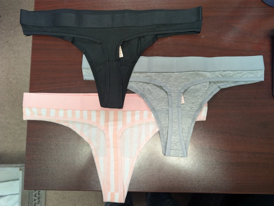 Victoria's Secret Panty Lot Of 3 Logo Cotton Shine Patch Thong Grey Pink L NWT - Image 2 of 4