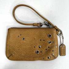 Coach Pebbled Tan Brown Pebbled Leather Riveted Wristlet Wallet