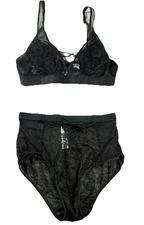 Mae Fantasy Lingerie Tease Eyelash Lace Bra Set  Size Large Black Intimates