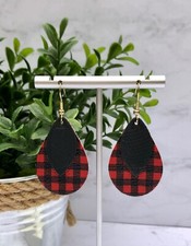 Women Vegan Faux Leather Black Red Buffalo Petite Plaid Earring Flannel Check