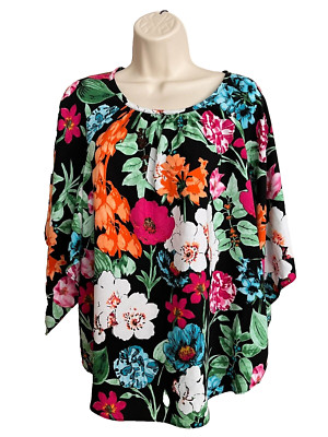Lord & Taylor Context Floral Blouse Top Women s XL Slit Sleeve Colorful