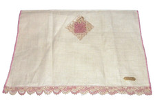 VTG Warranted All Linen Table Runner Dresser Scarf Cream Pink Cutout Lace 50" L