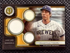CHRISTIAN YELICH 2024 TOPPS TRIBUTE TRIPLE GOLD /75 GAME USED JERSEY BREWERS