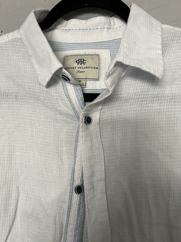 report collection Resort Linen Blend Size Medium shirt White Light Blue Trim - Picture 2 of 3