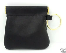 Squeeze Coin Purse Black Leather Coin Pouch Wallet with Key Ring Made in USA