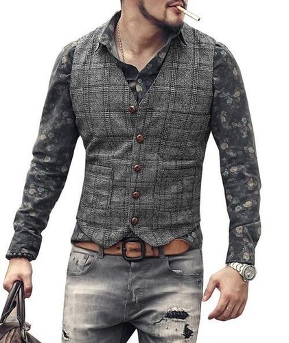 Hombres Traje Formal Chaleco Marrón Negro Chaleco Cuadros Steampunk Cuello en V Calce Ajustado Chaleco