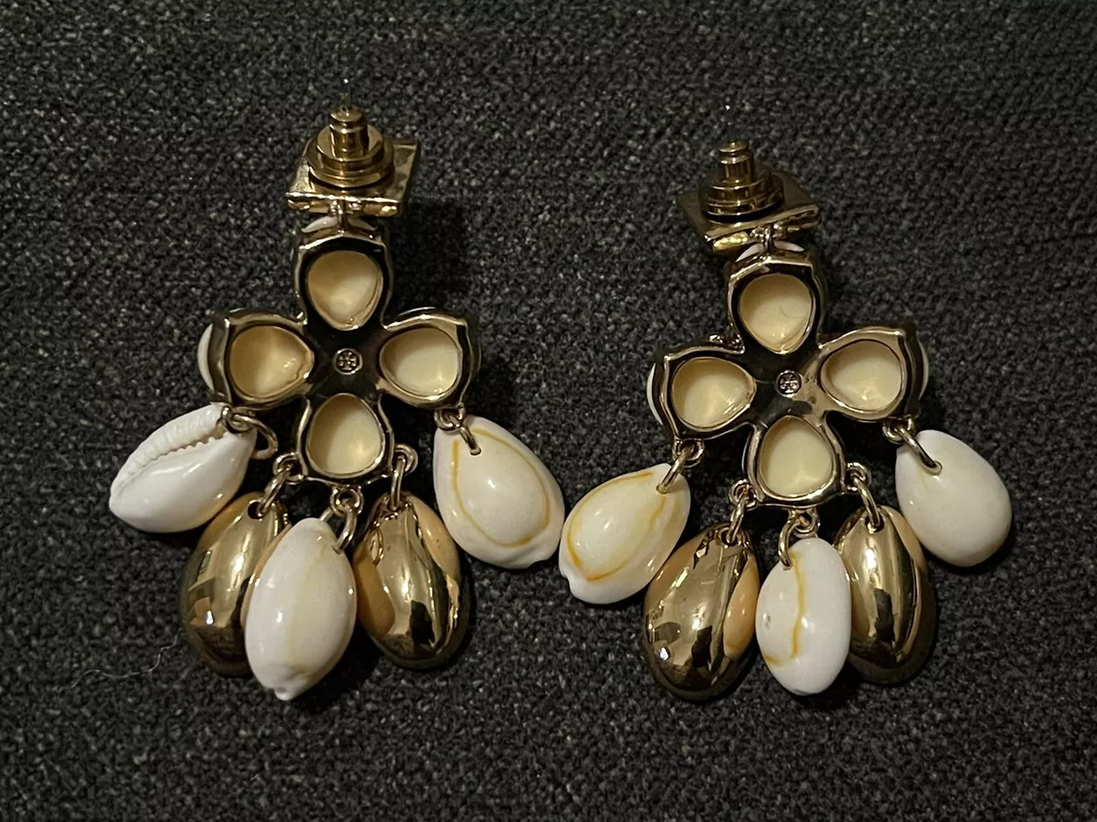 Tory Burch Luca Shell Wood Crystal Drop Dangle Earrings