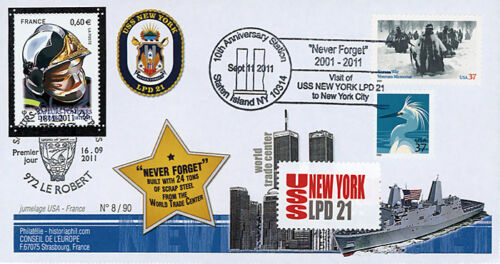 WT11-4 FDC USA-FRANCE "10 years September 11 Attacks, Firemen" USS NEW YORK 2011 - Afbeelding 1 van 1