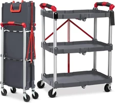 Foldable Utility Carts, 3-Tier Holds Folding Rolling Cart with Lockable Unive...