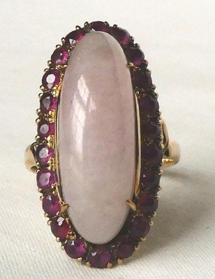 Vintage Art Deco Lux Bond Green 14k Gold Lavender Jade Ruby Halo Navette Ring