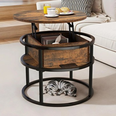 Runder Couchtisch mit Hubplatte, verstecktes Ablagefach 60x60x47cm