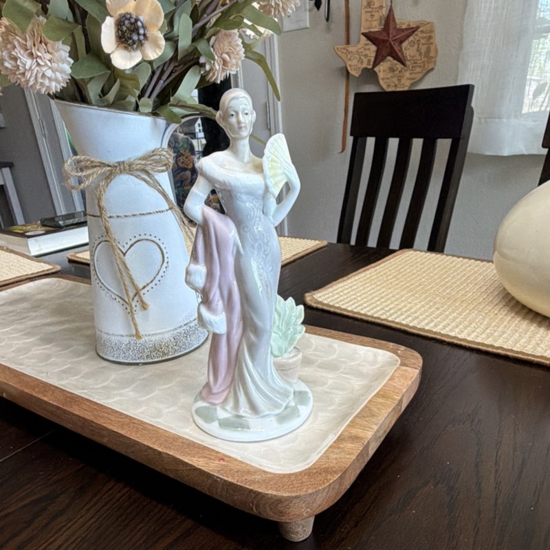 Porcelain Woman Figurine with Fan, White Pink Green Hand Painted Sculpture