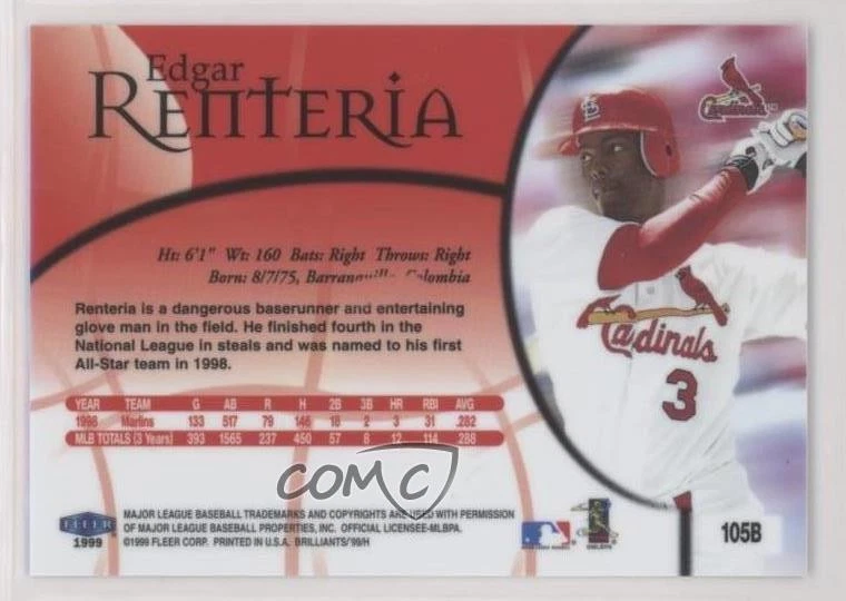 1999 Fleer Brilliants Blue Edgar Renteria #105B - Image 2 of 2