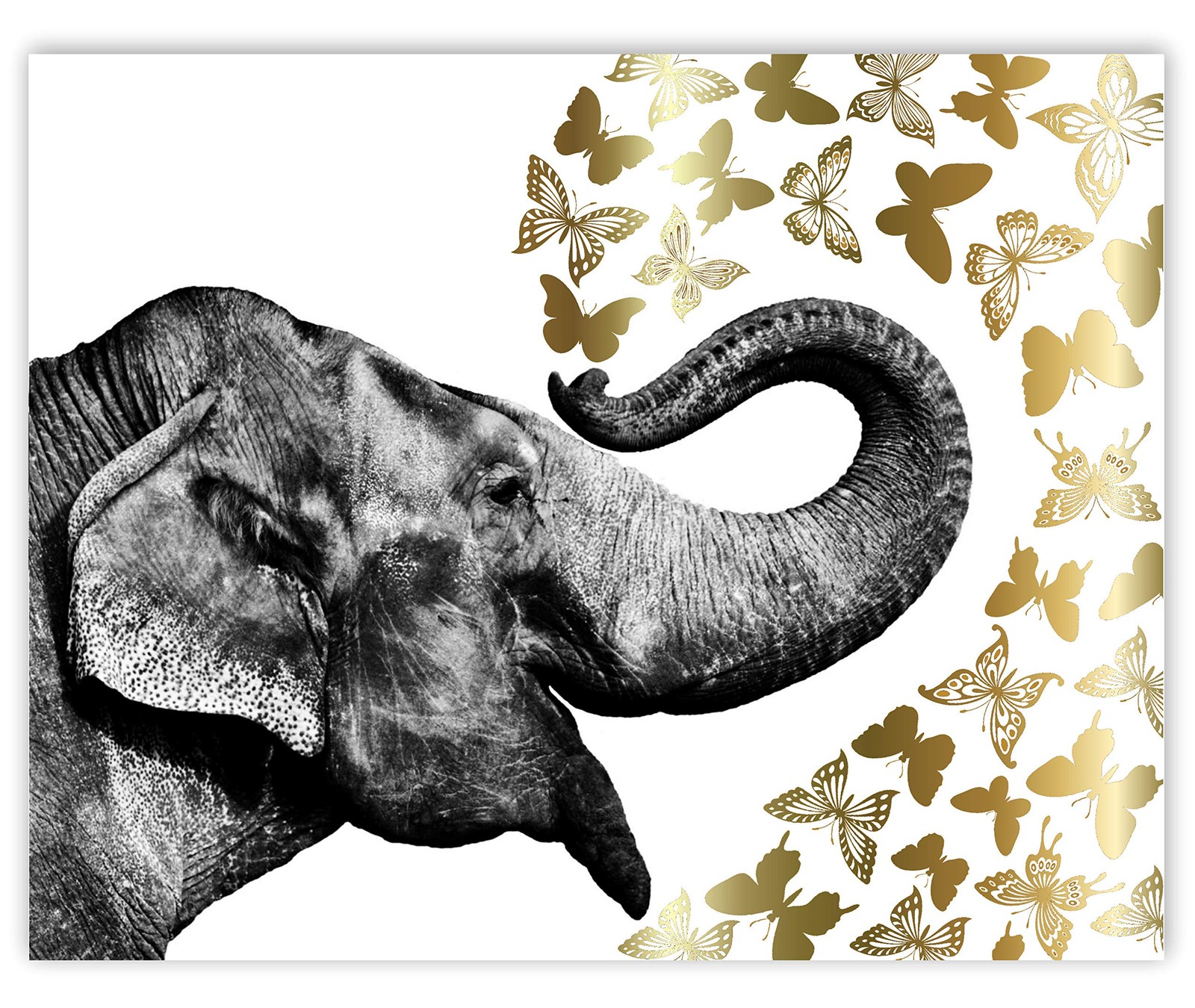 NEW Gold Foil Art Print - Elephant With Gold Foil Butterflies 8x10 inches