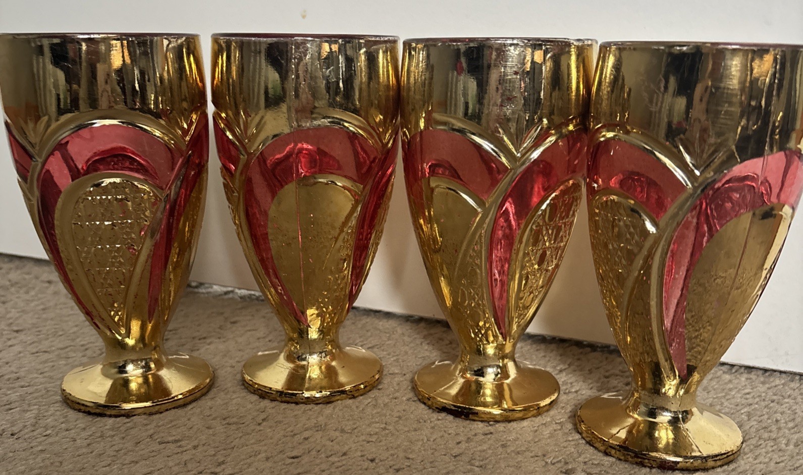 Vintage Red And Gold Glass Goblets Lot Of 4. 5.25” Tall