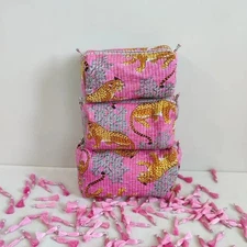 Indian Cotton Pink Tiger Toiletry Bag Unisex Makeup Bags Waterproof 3 Pcs. Set