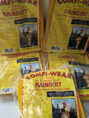 Lot of 5 Comfi-Wear RW-300 Heavy Duty 3-Piece PVC Rainsuits Yellow Size Medium M video thumbnail