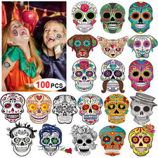 Day of the Dead Sugar Skull Tattoos 100Counts , Halloween Temporary Face Tattoos