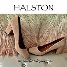 NEW Halston Whitney Rose Blush Suede Block Heel Dress Pumps Size 10M $129
