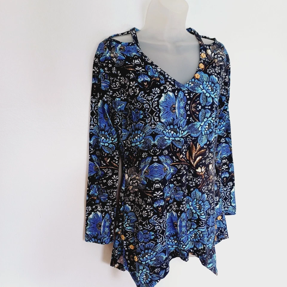 Joe Browns Top Size 8 Womens Blue Floral Cold Shoulder Asymetric Hem Boho Hippie - Image 4 of 4