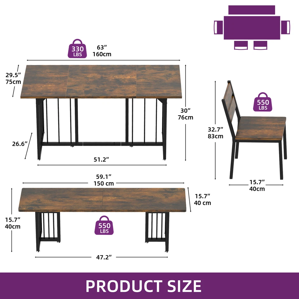 Brown Farmhouse Rectangular Dining Room Table Set for Kitchen Dining Apartment - Image 2 of 4