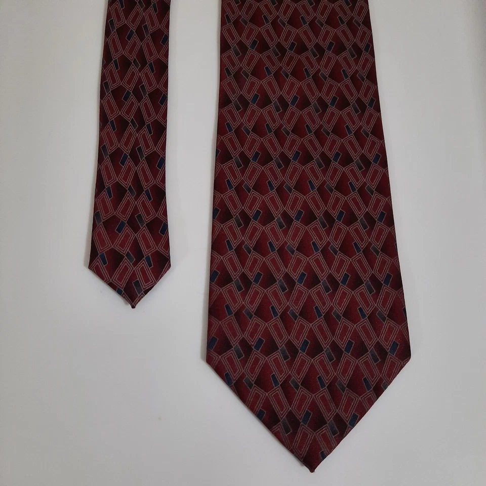 Mens 100% Silk Tie Necktie 60x4 Wide Red Check Diamond Hand Made Martin Wong - Image 2 of 4