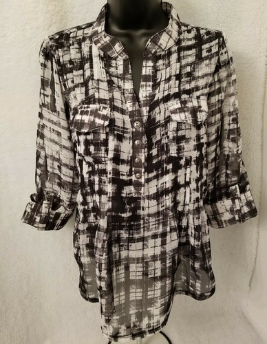 New Directions Womens Shirt Top Blouse Size PL Large Petite Black White