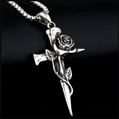 Men Women Silver Rose Cross Pendant Catholic Christian Necklace Box