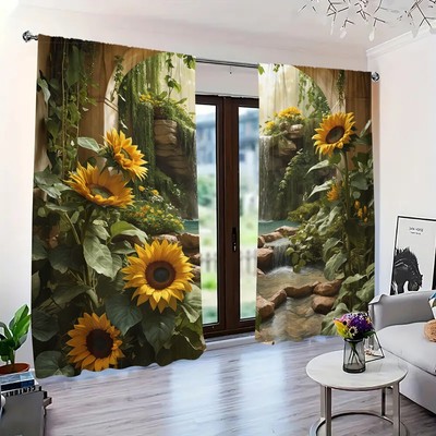 2 Panels 3D Sunflowers Forest Curtains Window Drapes for Bedroom Living Room