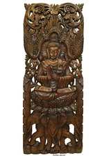 Buddha with Elephant Wood Carved Wall Decor Panel. Wall Art Brown 35.5"x13.5"