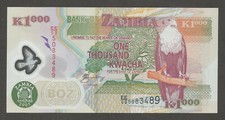 Zambia 1000 Kwacha 2005; UNC; P-44d; BNB-B146d; Eagle; Aardvark; Polymer