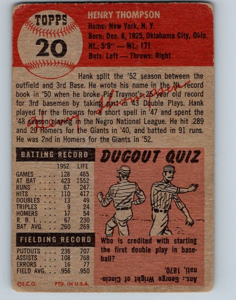 VINTAGE BASEBALL CARD TOPPS 1953 *SHORTPRINT* NEW YORK GIANTS HANK THOMPSON NO10 - Image 2 of 2