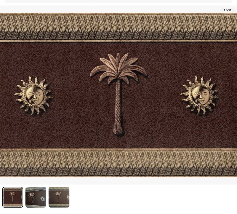 Raymond Waites Sun Medallion & Palm Tree Brown Leather Looking Wallpaper Border