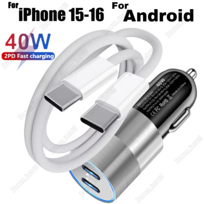 For iPhone 15 16 Pro Samsung 40W Fast Car Charger Braided Dual USB Type C Cable