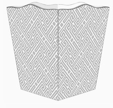 Marye-Kelley, Grey White Fret Pattern Wooden Wastepaper Basket, Silver Trim